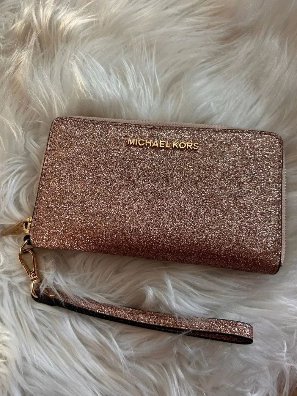 Michael Kors Glittery Rose Gold Wristlet clutch small fancy classy